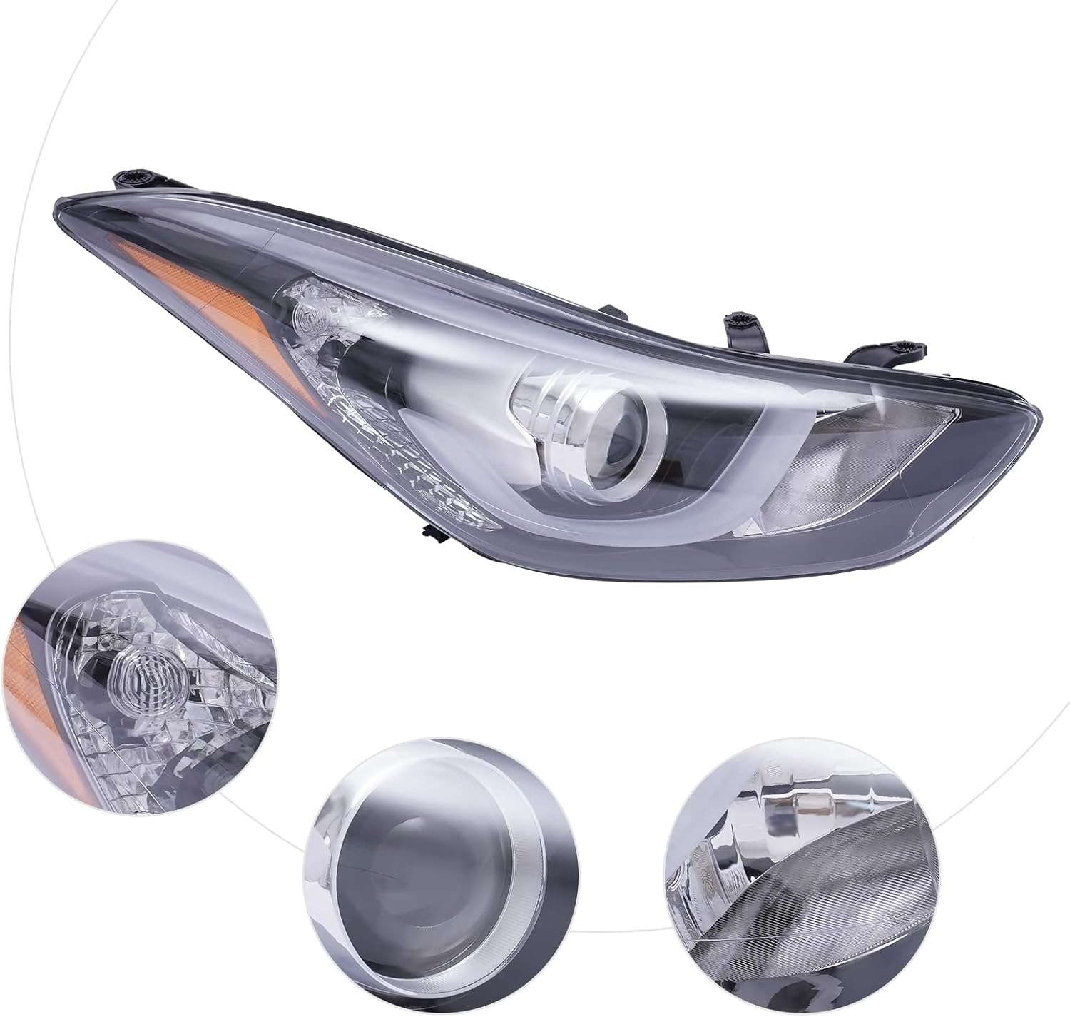 OUTGOO For 2014 2015 2016 Hyundai Elantra Halogen Projector Headlight Right Passenger Side Headlamp Assembly with LED DRL Black & Chrome Housing