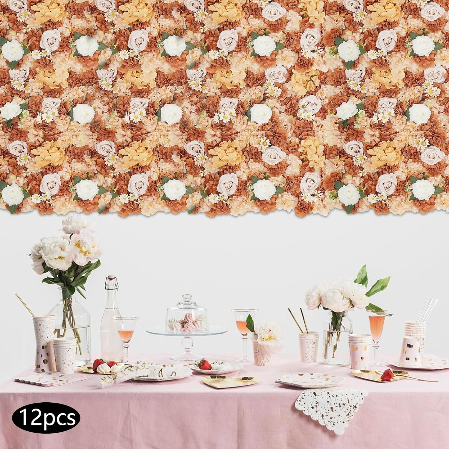 OUTGOO Flower Wall Backdrop Panels, Caramel Brown and Champagne, 15x15 Inch, Set of 12 with Cable Ties, Handcrafted Silk Fabric Floral Decor for Indoor Outdoor Wedding Party Photography