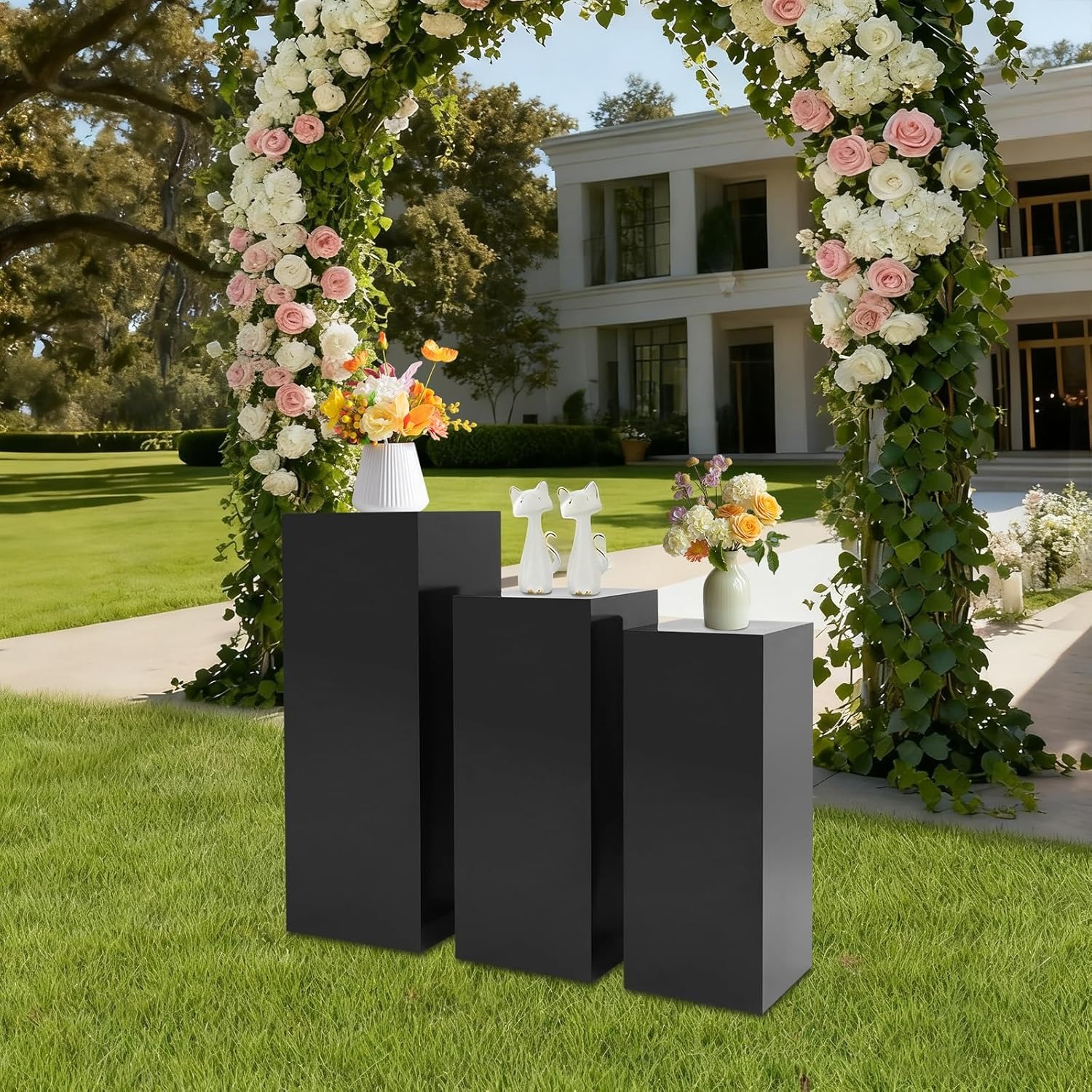 OUTGOO 3 PCS Metal Display Pedestal Stands, Square Black Display Stands Pillars, Decoration Cube Sculpture Display Column for Wedding Party Baby Shower Birthday, H31.49'', 25.59'', 23.62''
