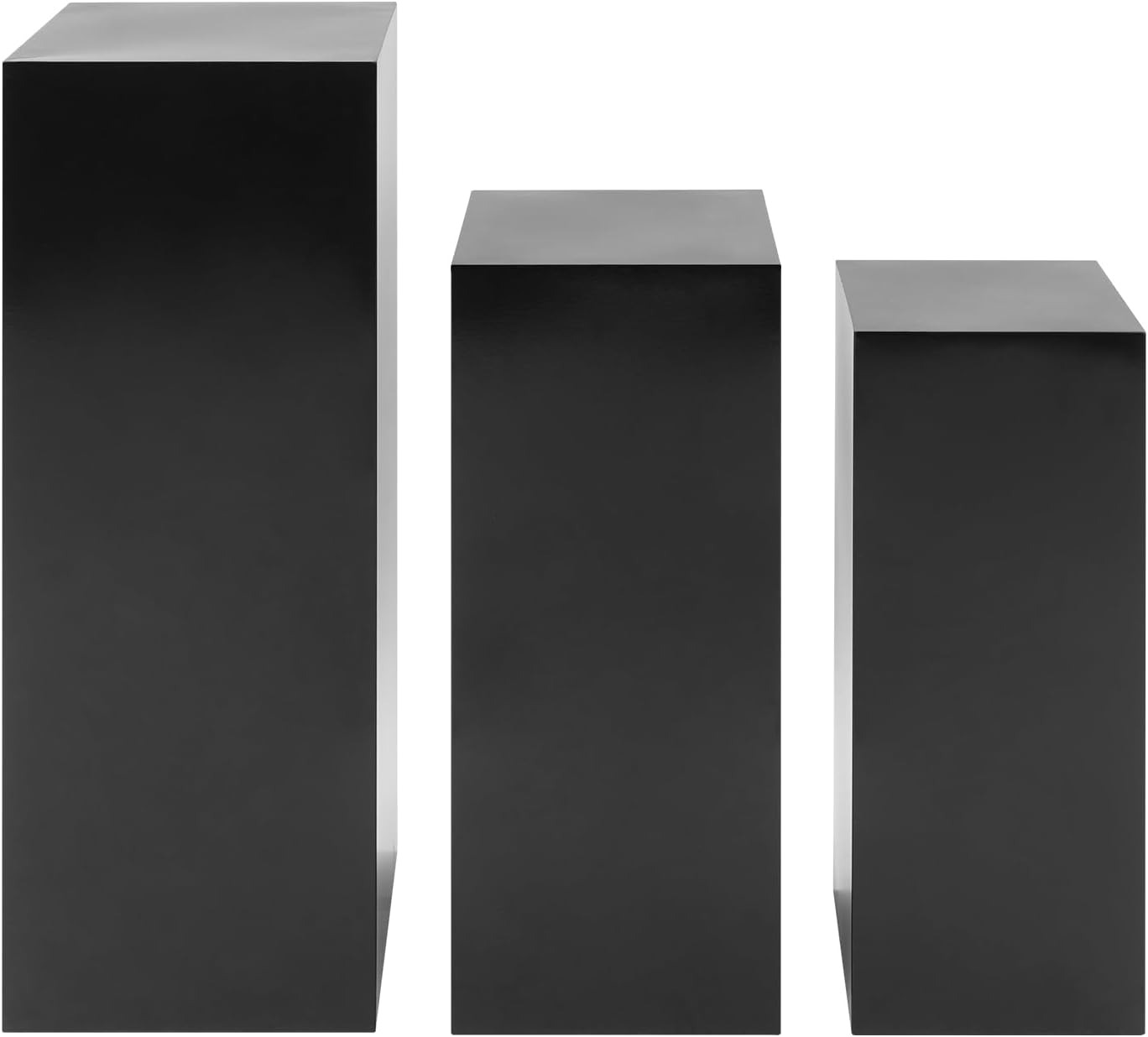 OUTGOO 3 PCS Metal Display Pedestal Stands, Square Black Display Stands Pillars, Decoration Cube Sculpture Display Column for Wedding Party Baby Shower Birthday, H31.49'', 25.59'', 23.62''
