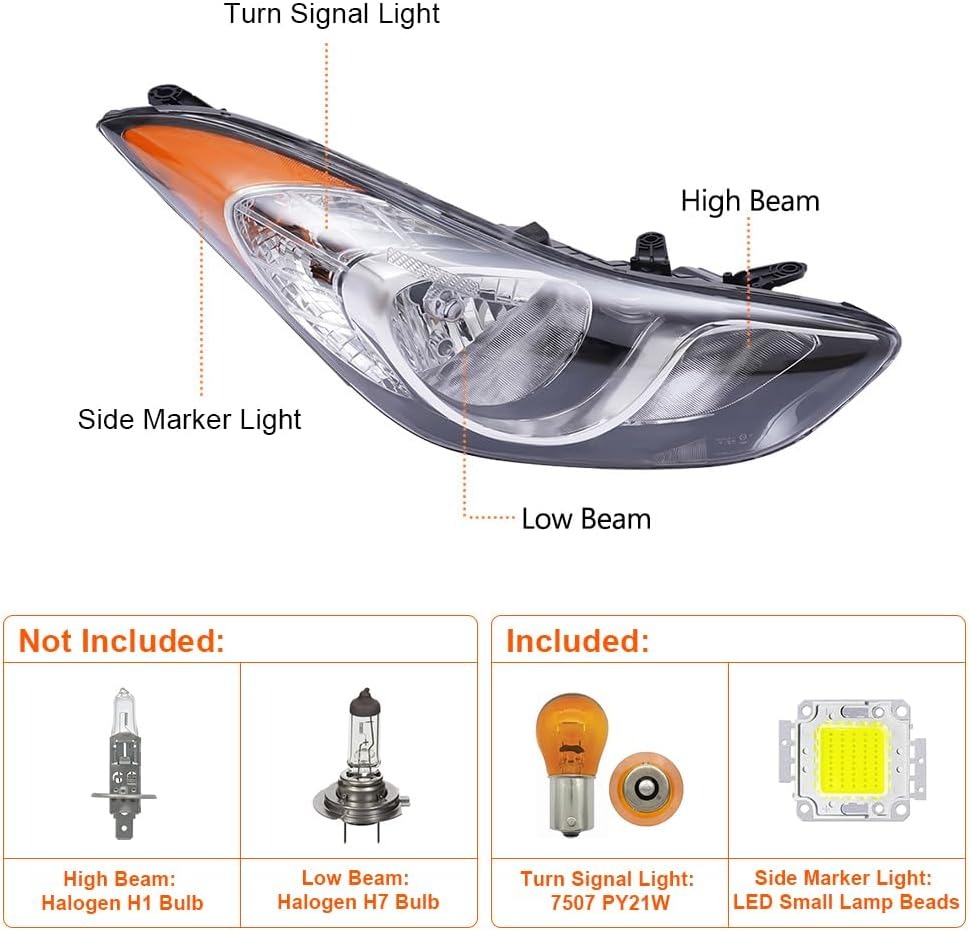 OUTGOO - For 2011 2012 2013 Hyundai Elantra Halogen Right Passenger Side Headlight Head Lamp Assembly Chrome Housing Replaces 92102-3Y000
