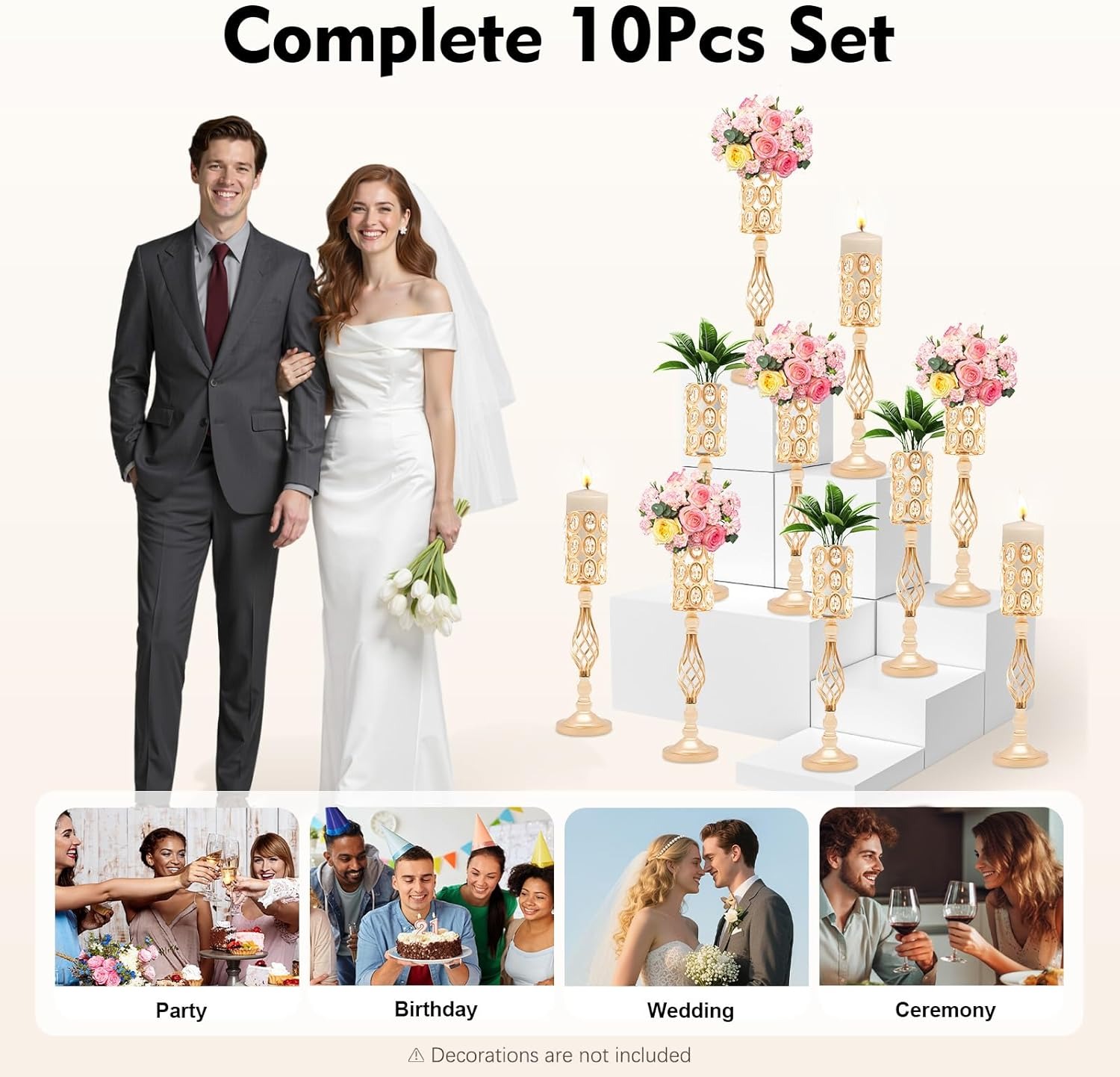 OUTGOO 24 Inch Metal Crystal Wedding Centerpiece Table Decorations, Gold 10Pcs Wedding Flower Vases, Tall Flower Vases for Wedding Reception Table Party Event Hotel Home