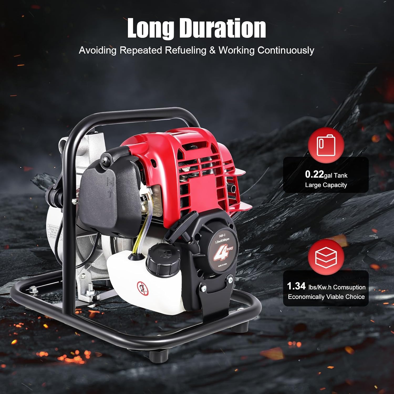 OUTGOO Portable Gasoline Engine Water Pump, 38cc, 14.2x11x12.6in, Lift 98.42ft, Red, Aluminum, Industrial, Gasoline-Powered, Water Pump