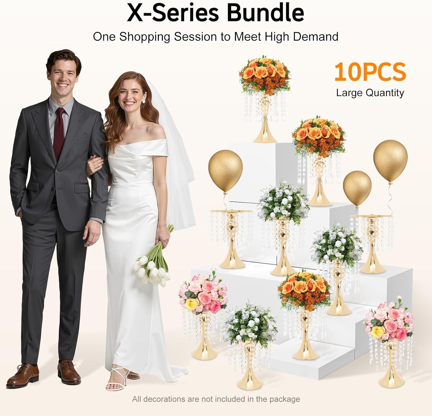 OUTGOO 10 Pcs Gold Vases Wedding Centerpieces Flower Stand Table Decor w/Crystal Beads, 11.2 inches Versatile Metal Flower Stands for Anniversary Celebration/Wedding/Party/Birthday Event