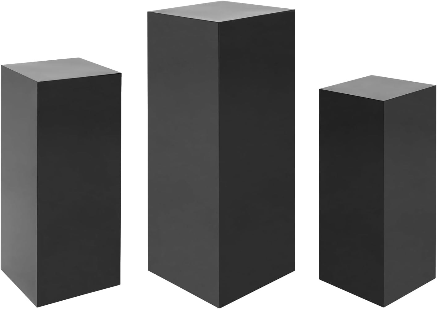 OUTGOO 3 PCS Metal Display Pedestal Stands, Square Black Display Stands Pillars, Decoration Cube Sculpture Display Column for Wedding Party Baby Shower Birthday, H31.49'', 25.59'', 23.62''