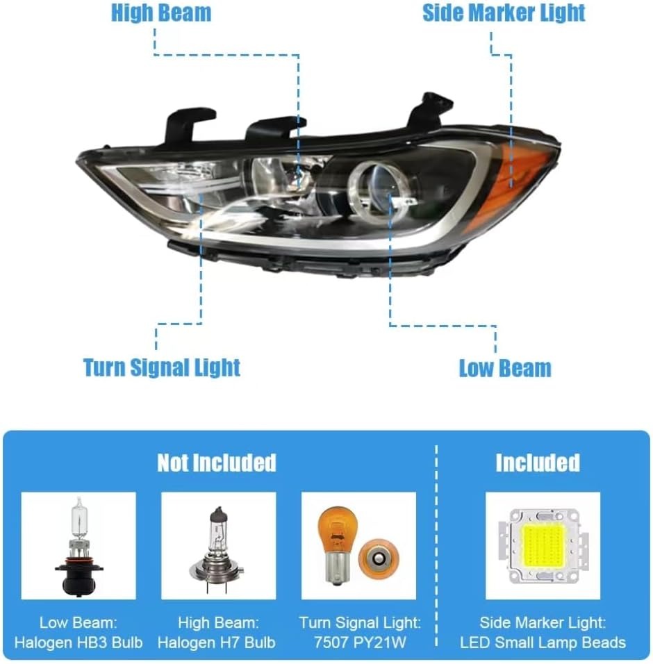 OUTGOO - For 2017 2018 Hyundai Elantra Halogen Headlights Headlamps Assembly Replacement Left and Right Side Black Housing Clear Lens