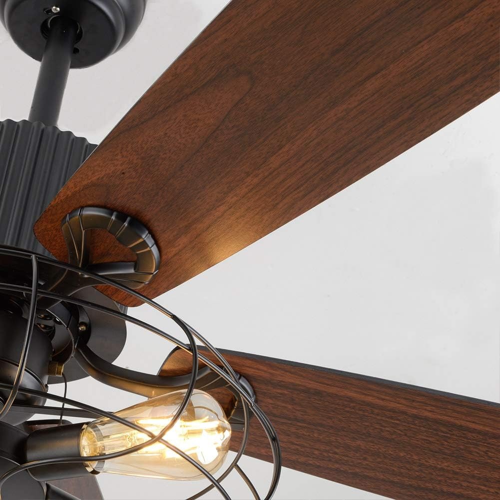 OUTGOO Retro Industrial Ceiling Fan Light 52 Inch 5-Lights E27 Fixture for Restaurant Living Room Bedroom Create Iron Cage Rustic Style (52" Retro Industrial) (Retro Industria Cage)