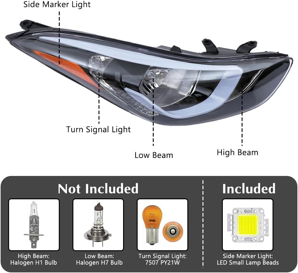 OUTGOO - For 2014 2015 2016 Hyundai Elantra Right Passenger Side Headlight Headlamp Replacement Chrome Housing Clear Lens 92102-3Y500