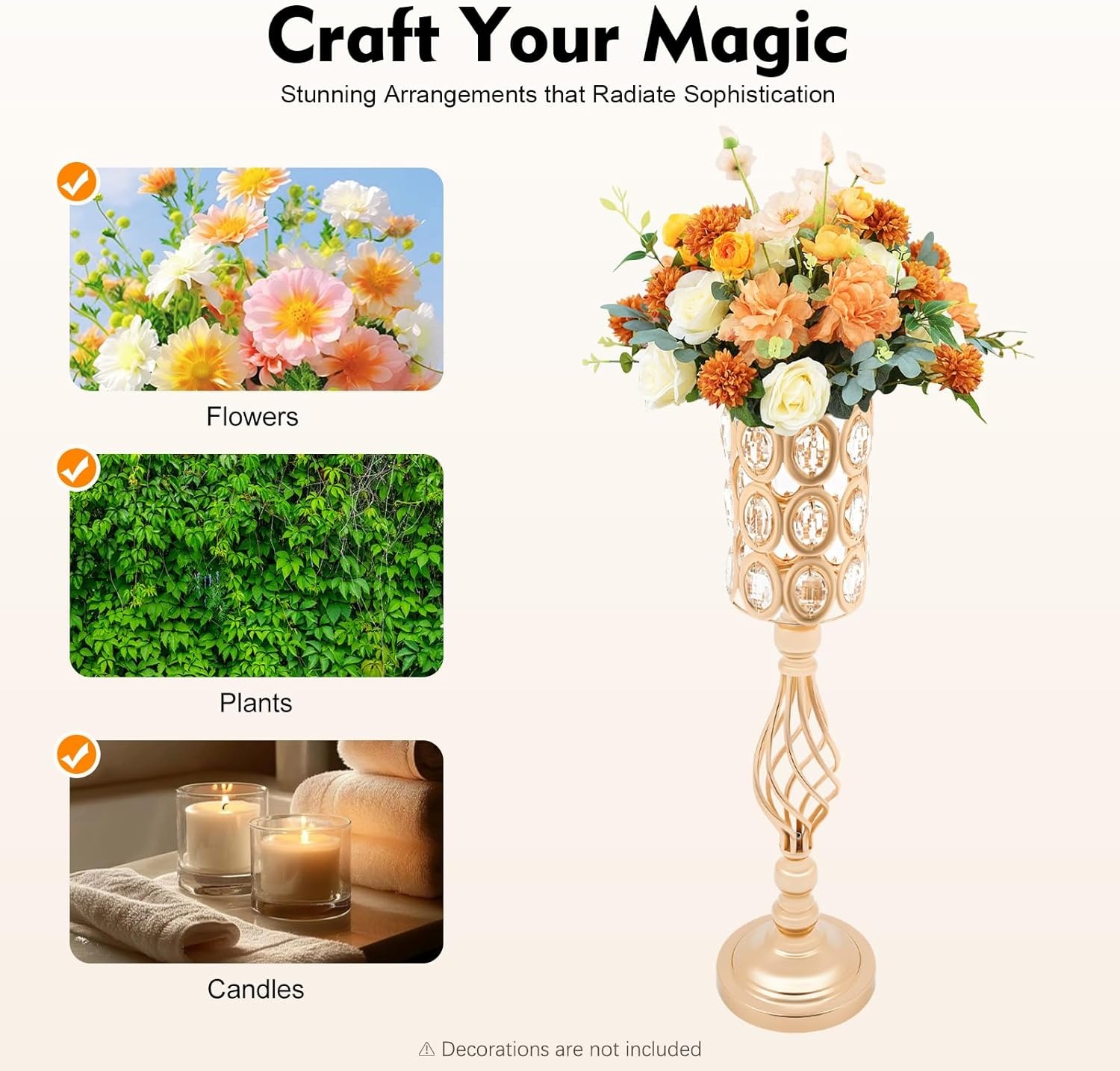 OUTGOO 24 Inch Metal Crystal Wedding Centerpiece Table Decorations, Gold 10Pcs Wedding Flower Vases, Tall Flower Vases for Wedding Reception Table Party Event Hotel Home