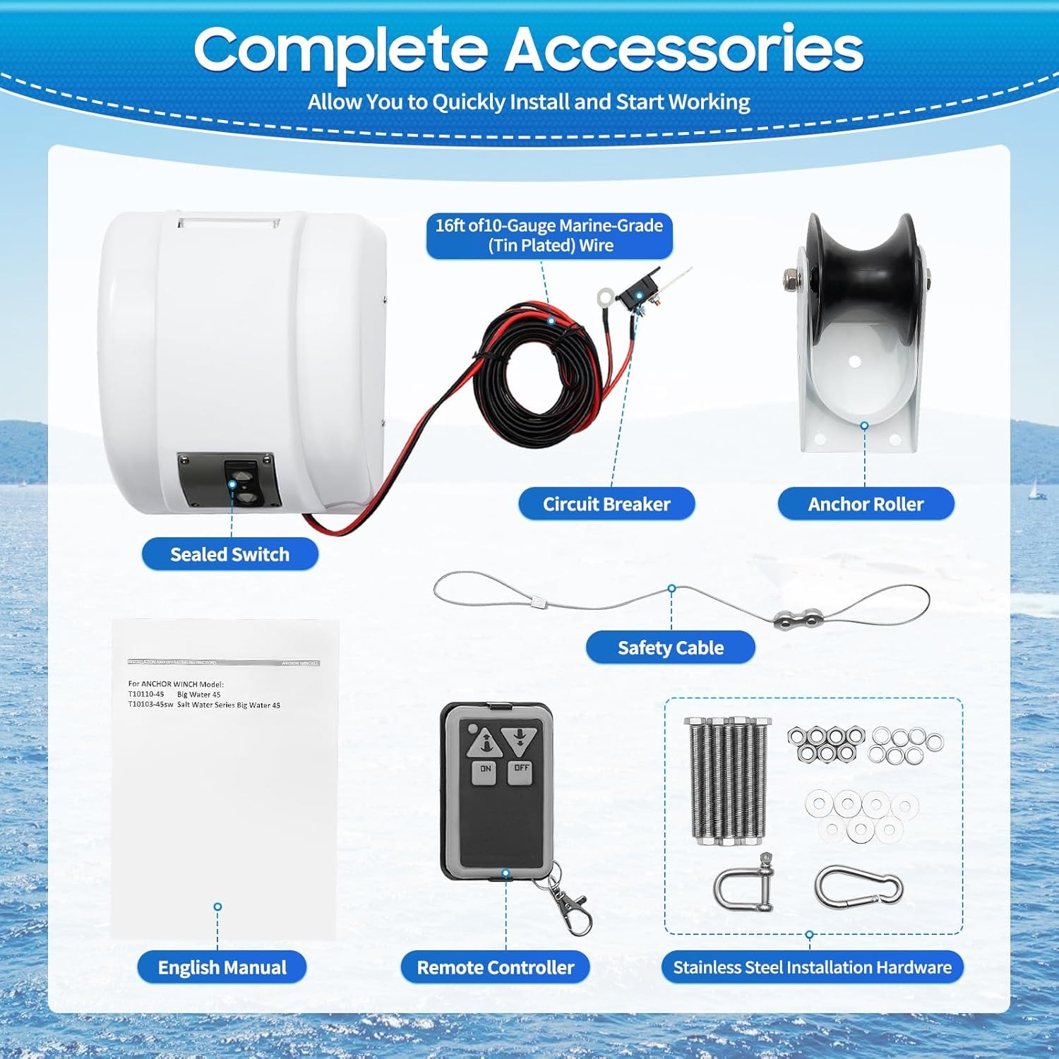 OUTGOO Boat Electric Anchor Winch, Anchors Up to 25/35/45 LBS, 12-Volt DC Boat Anchor Wench with Wireless Remote Control, High-Efficiency Marine Saltwater Anchor Windlass Kit Includes 100-feet Rope