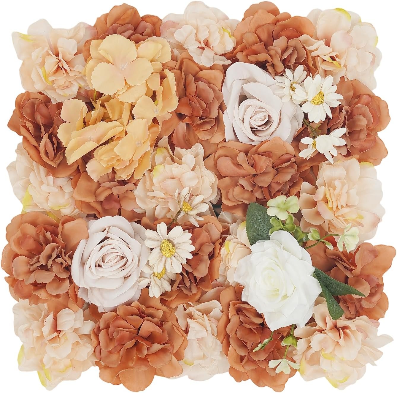 OUTGOO Flower Wall Backdrop Panels, Caramel Brown and Champagne, 15x15 Inch, Set of 12 with Cable Ties, Handcrafted Silk Fabric Floral Decor for Indoor Outdoor Wedding Party Photography