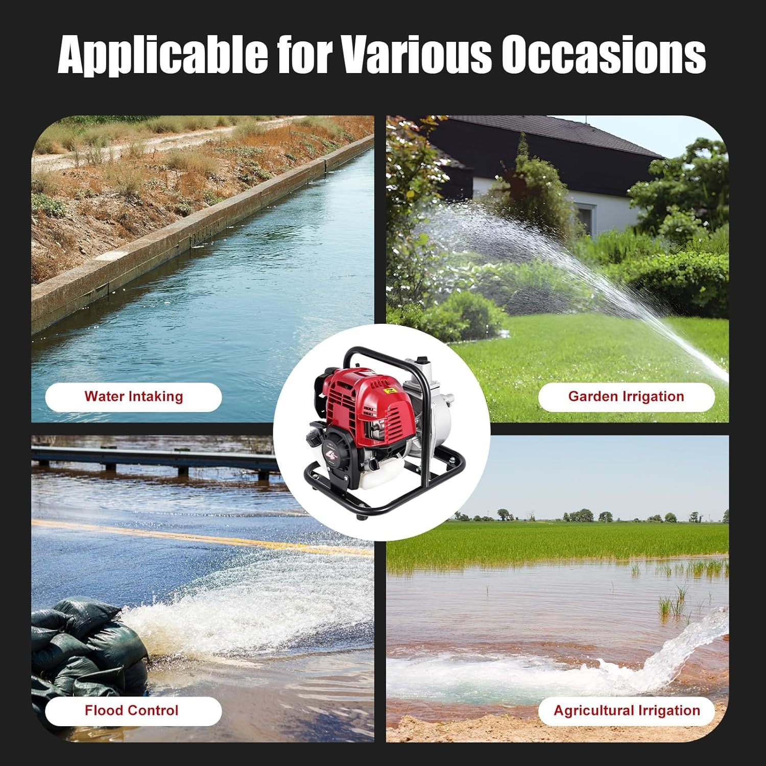 OUTGOO Portable Gasoline Engine Water Pump, 38cc, 14.2x11x12.6in, Lift 98.42ft, Red, Aluminum, Industrial, Gasoline-Powered, Water Pump