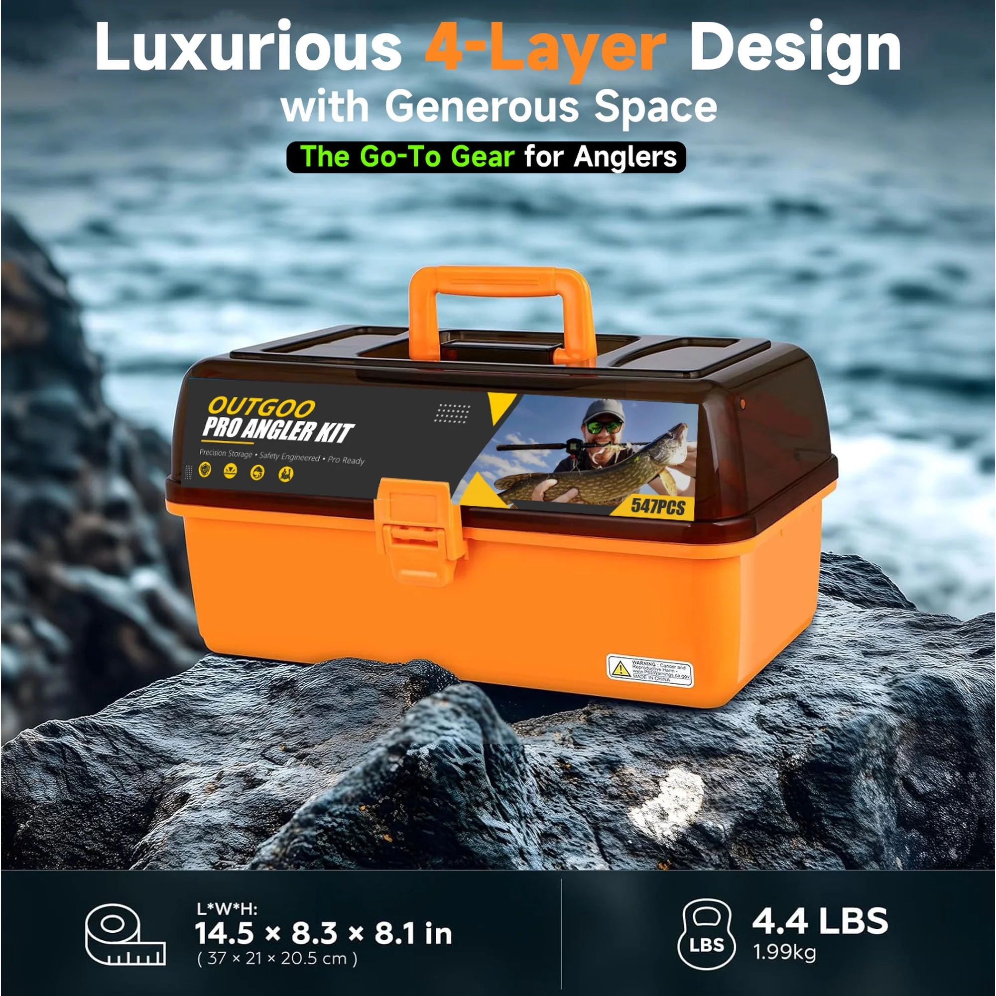 OUTGOO Large 4-Layer Fishing Tackle Box with Tackle Included, 547Pcs Fishing Lures Kit with Pliers, Crankbait, Hooks, Weights & Accessories, Freshwater Bass Fishing Gear and Equipment, Gift for Men