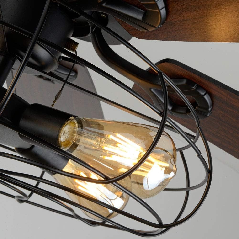OUTGOO Retro Industrial Ceiling Fan Light 52 Inch 5-Lights E27 Fixture for Restaurant Living Room Bedroom Create Iron Cage Rustic Style (52" Retro Industrial) (Retro Industria Cage)