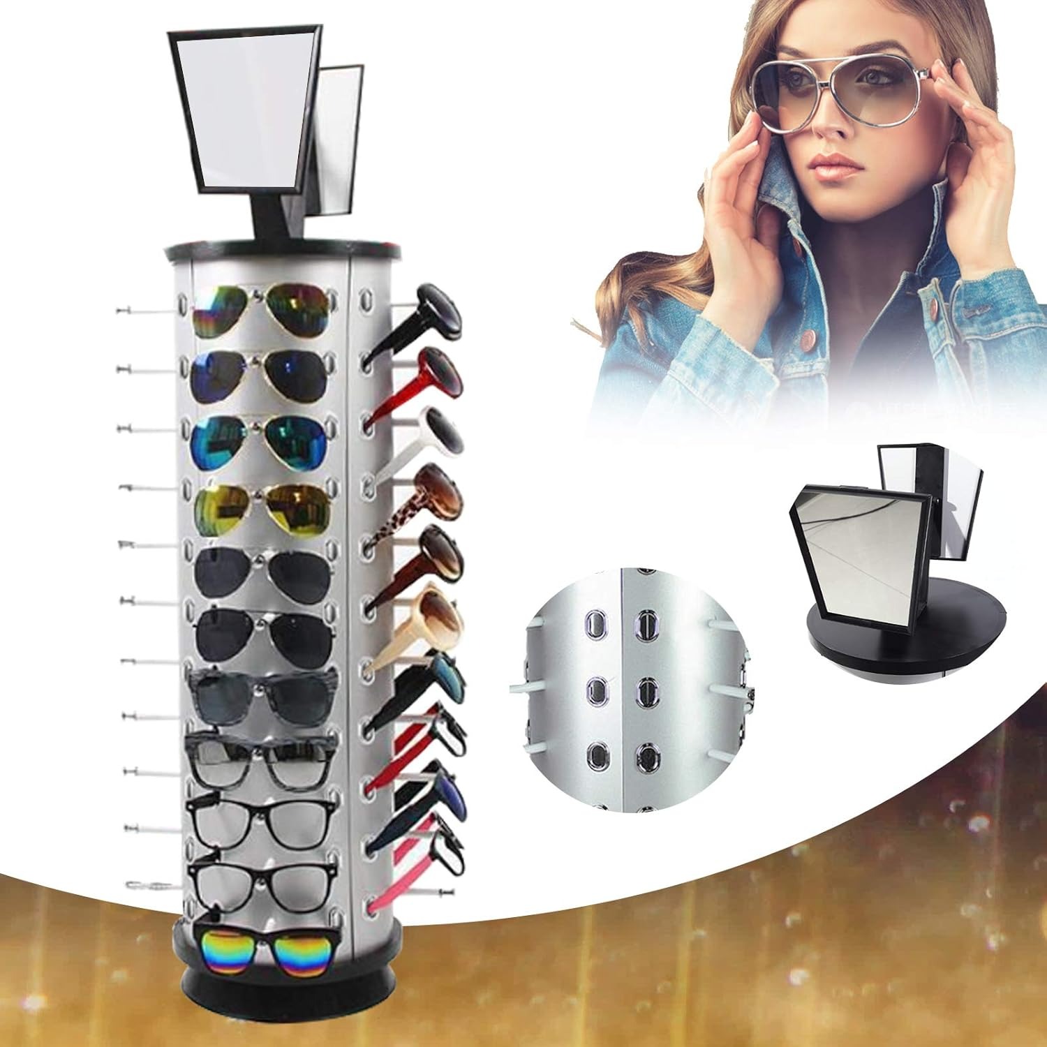 OUTGOO 44 Pairs Eyeglasses Frame Stand, 360 Rotating Sunglasses Rack Eyewear Display Holder with Mirror (Round)