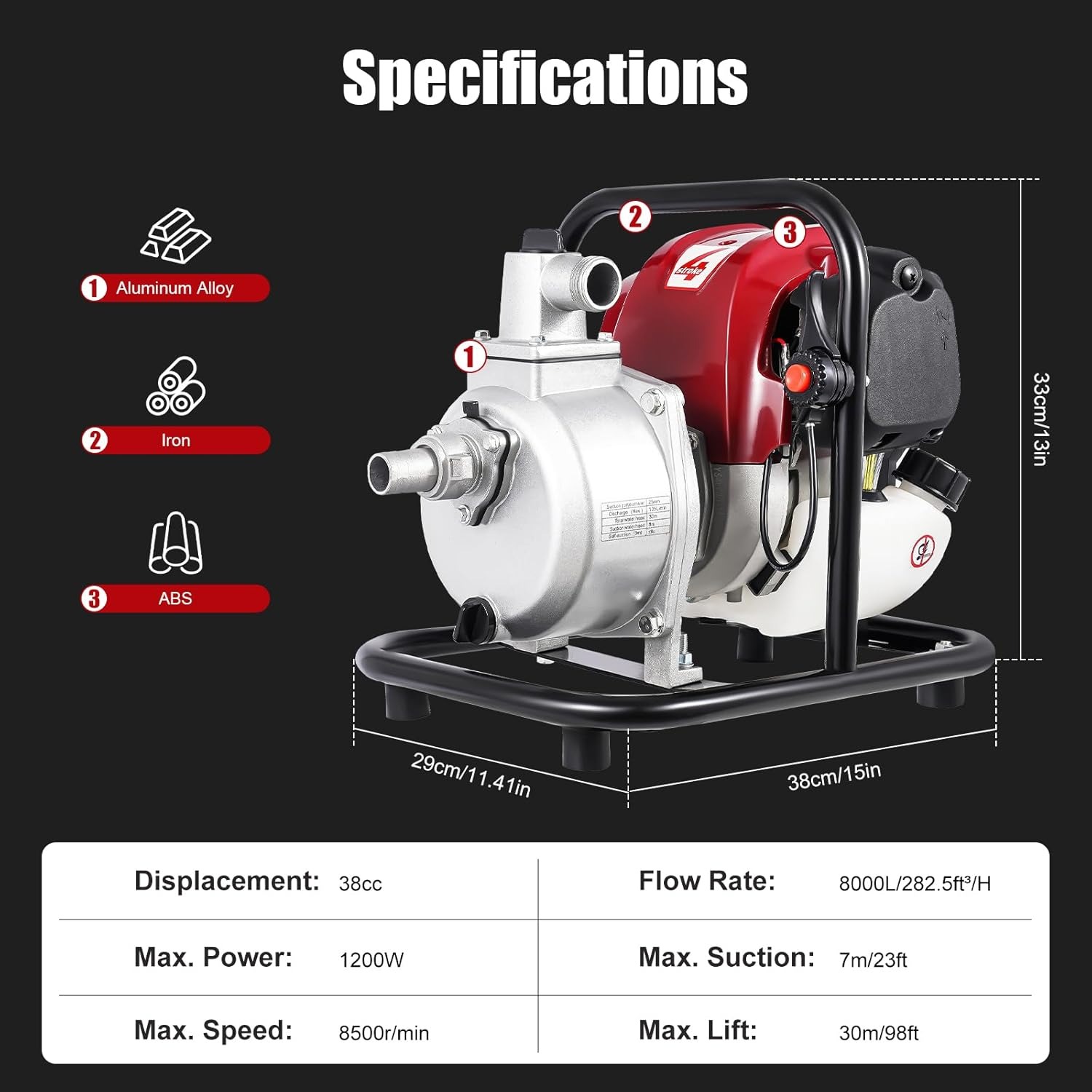 OUTGOO Portable Gasoline Engine Water Pump, 38cc, 14.2x11x12.6in, Lift 98.42ft, Red, Aluminum, Industrial, Gasoline-Powered, Water Pump
