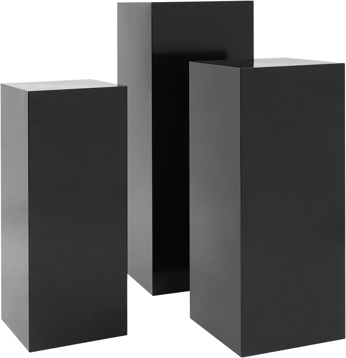 OUTGOO 3 PCS Metal Display Pedestal Stands, Square Black Display Stands Pillars, Decoration Cube Sculpture Display Column for Wedding Party Baby Shower Birthday, H31.49'', 25.59'', 23.62''