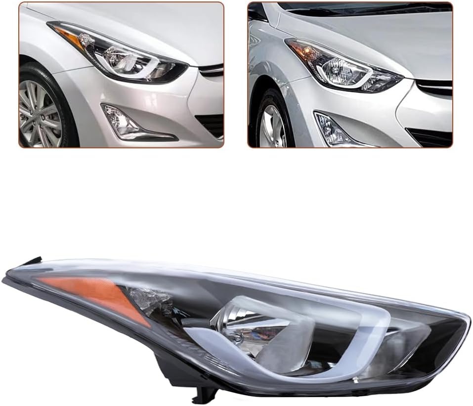 OUTGOO - For 2014 2015 2016 Hyundai Elantra Right Passenger Side Headlight Headlamp Replacement Chrome Housing Clear Lens 92102-3Y500