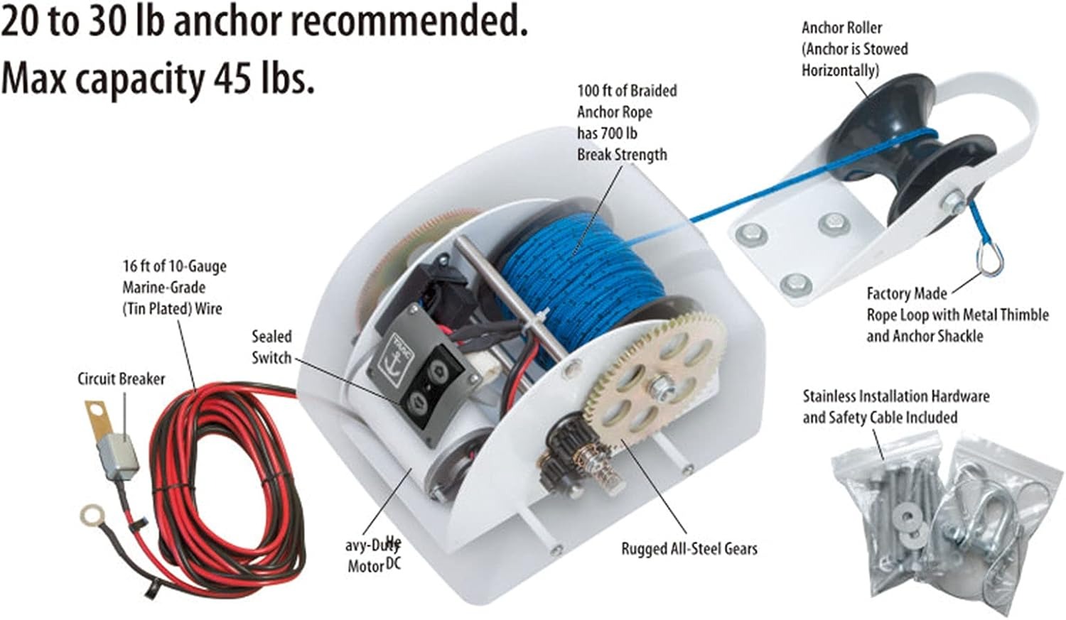 OUTGOO Boat Electric Anchor Winch, Anchors Up to 25/35/45 LBS, 12-Volt DC Boat Anchor Wench with Wireless Remote Control, High-Efficiency Marine Saltwater Anchor Windlass Kit Includes 100-feet Rope