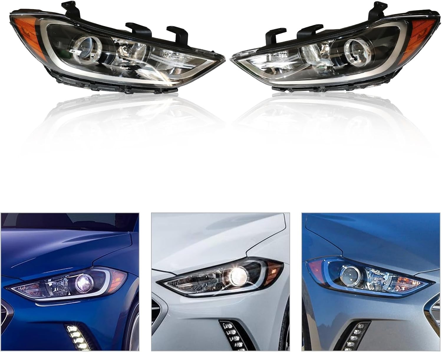 OUTGOO - For 2017 2018 Hyundai Elantra Halogen Headlights Headlamps Assembly Replacement Left and Right Side Black Housing Clear Lens