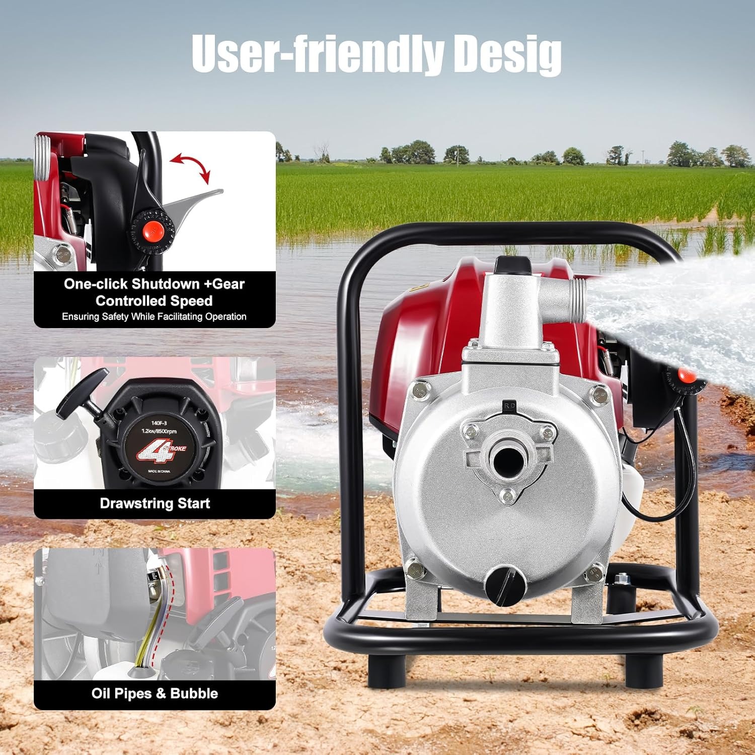 OUTGOO Portable Gasoline Engine Water Pump, 38cc, 14.2x11x12.6in, Lift 98.42ft, Red, Aluminum, Industrial, Gasoline-Powered, Water Pump