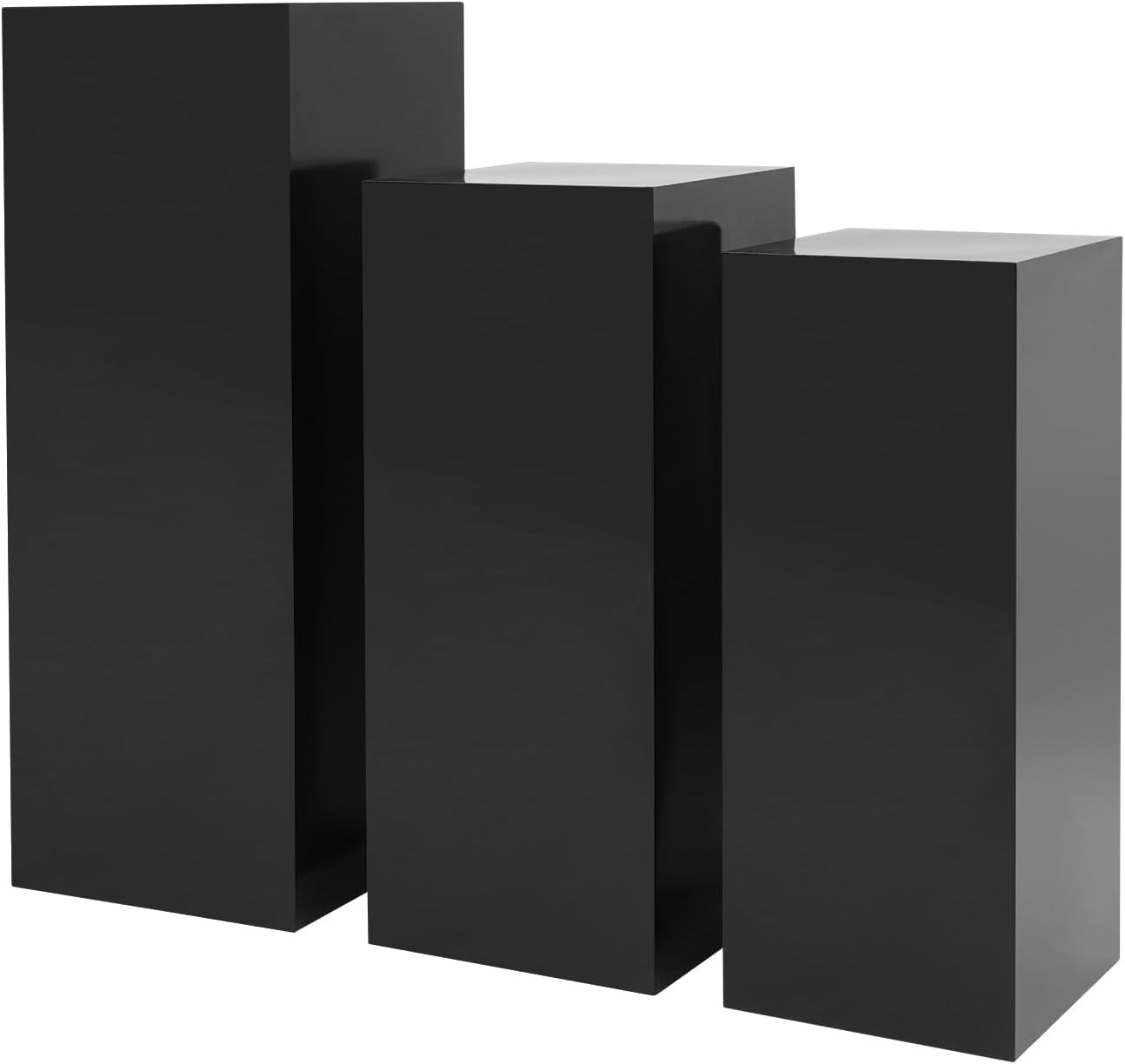 OUTGOO 3 PCS Metal Display Pedestal Stands, Square Black Display Stands Pillars, Decoration Cube Sculpture Display Column for Wedding Party Baby Shower Birthday, H31.49'', 25.59'', 23.62''