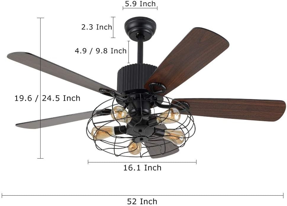 OUTGOO Retro Industrial Ceiling Fan Light 52 Inch 5-Lights E27 Fixture for Restaurant Living Room Bedroom Create Iron Cage Rustic Style (52" Retro Industrial) (Retro Industria Cage)