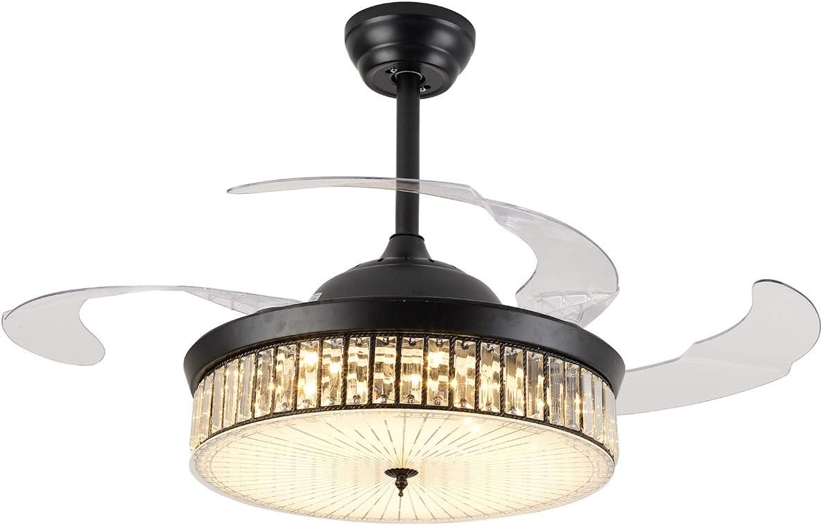 OUTGOO Crystal Ceiling Fan Lights LED Chandelier Variable Speed Retractable Fan with Remote Mute Ceiling Fans for Dining Room/Bedroom 42 inch (Black)