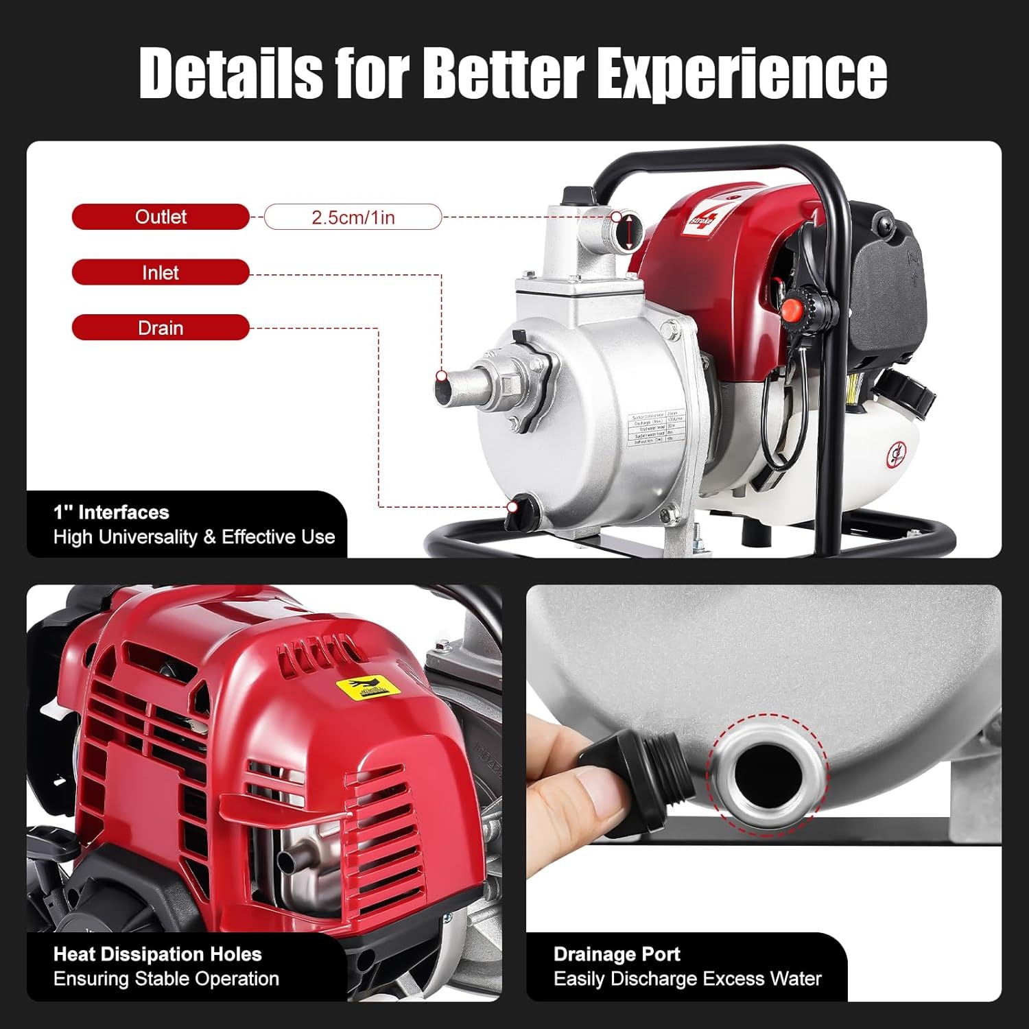 OUTGOO Portable Gasoline Engine Water Pump, 38cc, 14.2x11x12.6in, Lift 98.42ft, Red, Aluminum, Industrial, Gasoline-Powered, Water Pump