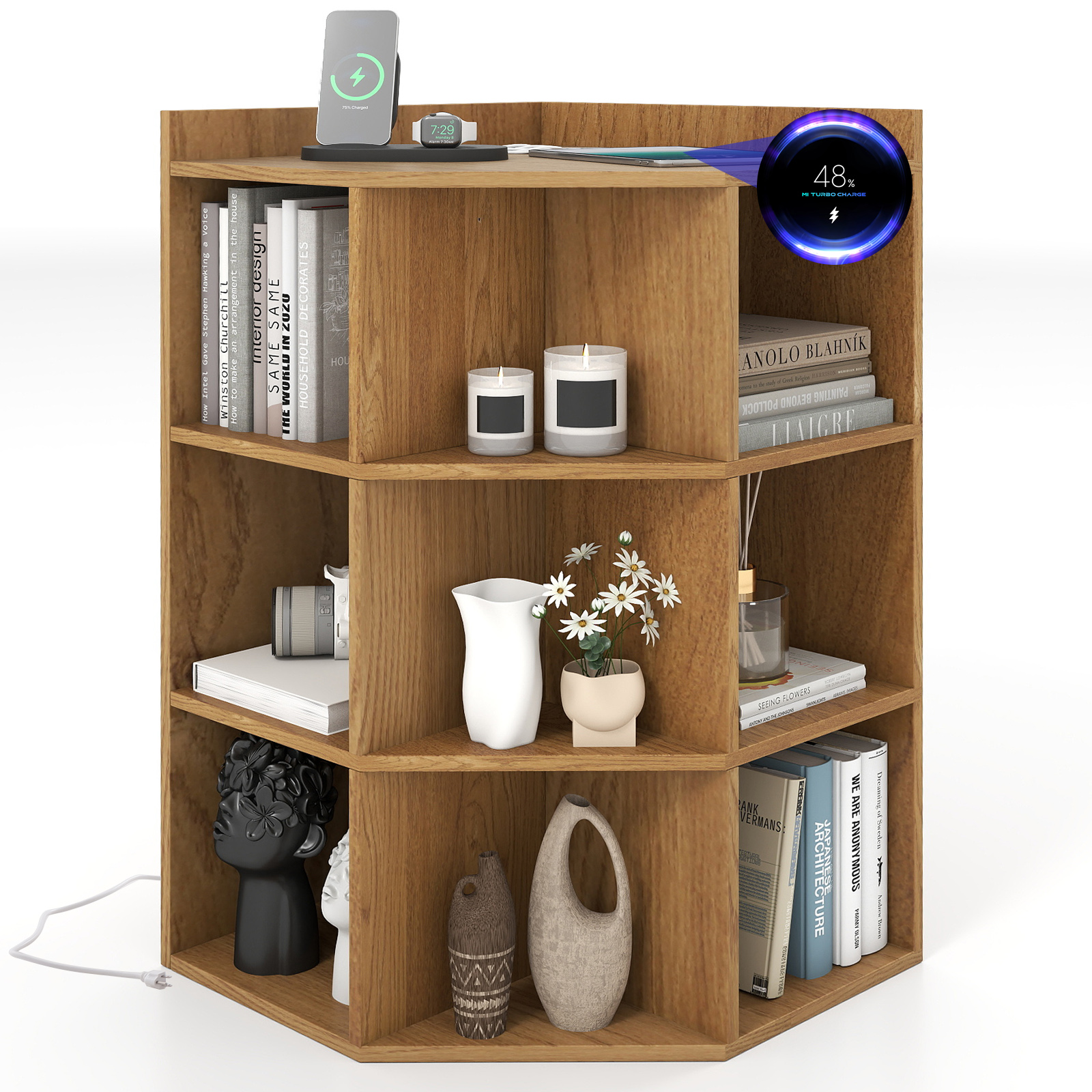 OUTGOO 3-Tier Corner Cabinet with Charging Station for Bedroom for Home, Patio, Outdoor and Everyday Use