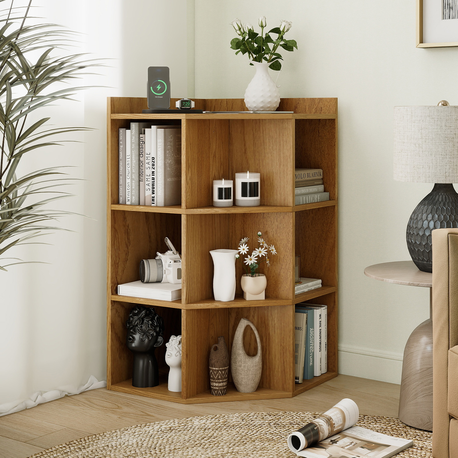 OUTGOO 3-Tier Corner Cabinet with Charging Station for Bedroom for Home, Patio, Outdoor and Everyday Use