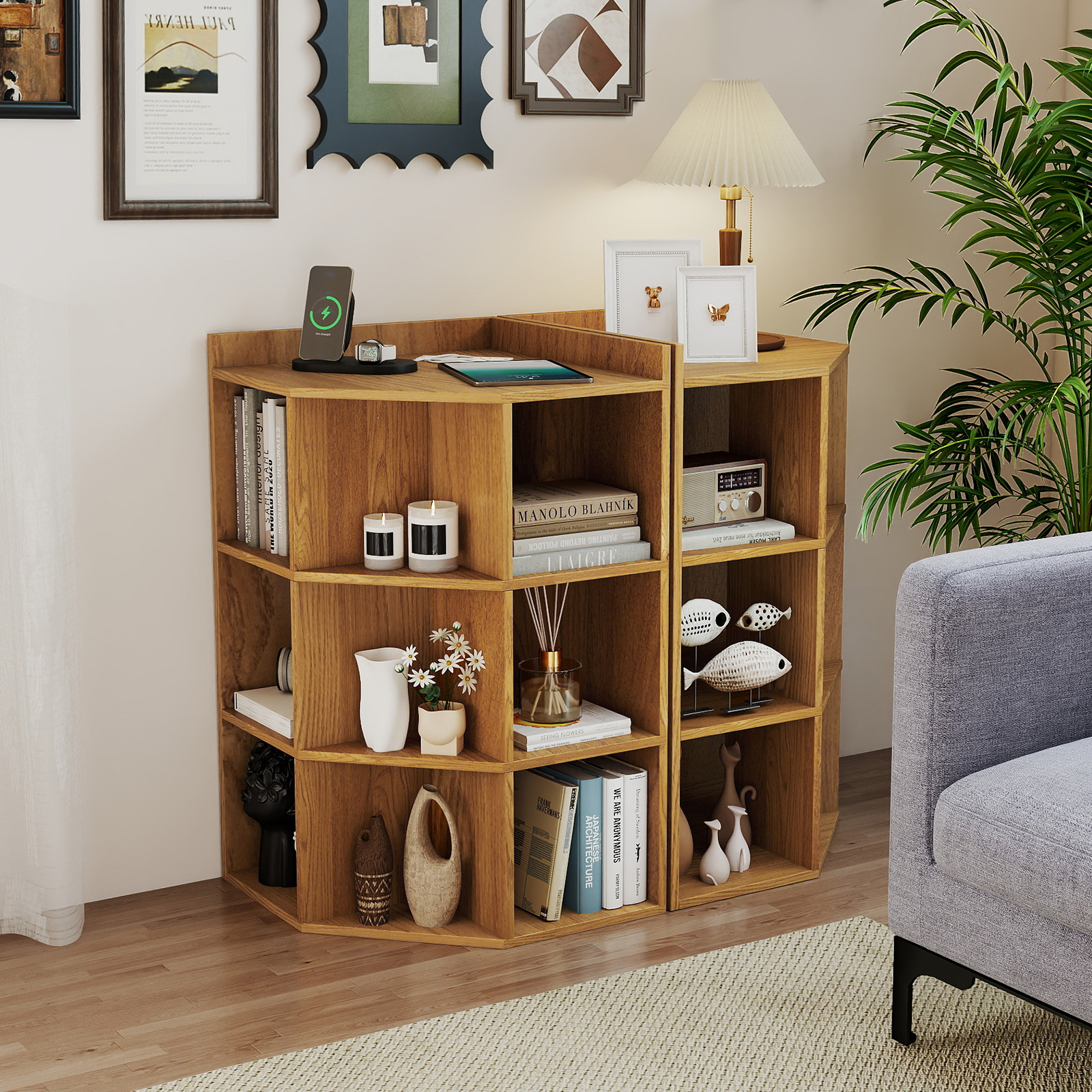 OUTGOO 3-Tier Corner Cabinet with Charging Station for Bedroom for Home, Patio, Outdoor and Everyday Use