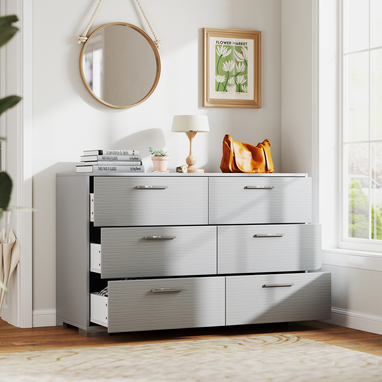 OUTGOO 6 Drawer Storage Cabinet with Metal Legs Handles with Anti-Toppling Devices
