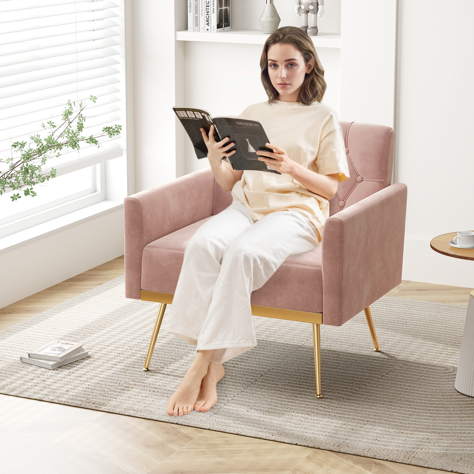 OUTGOO Modern Velvet Accent Chair with Button Tufted Back Golden Metal Legs and Adjustable Foot Pads