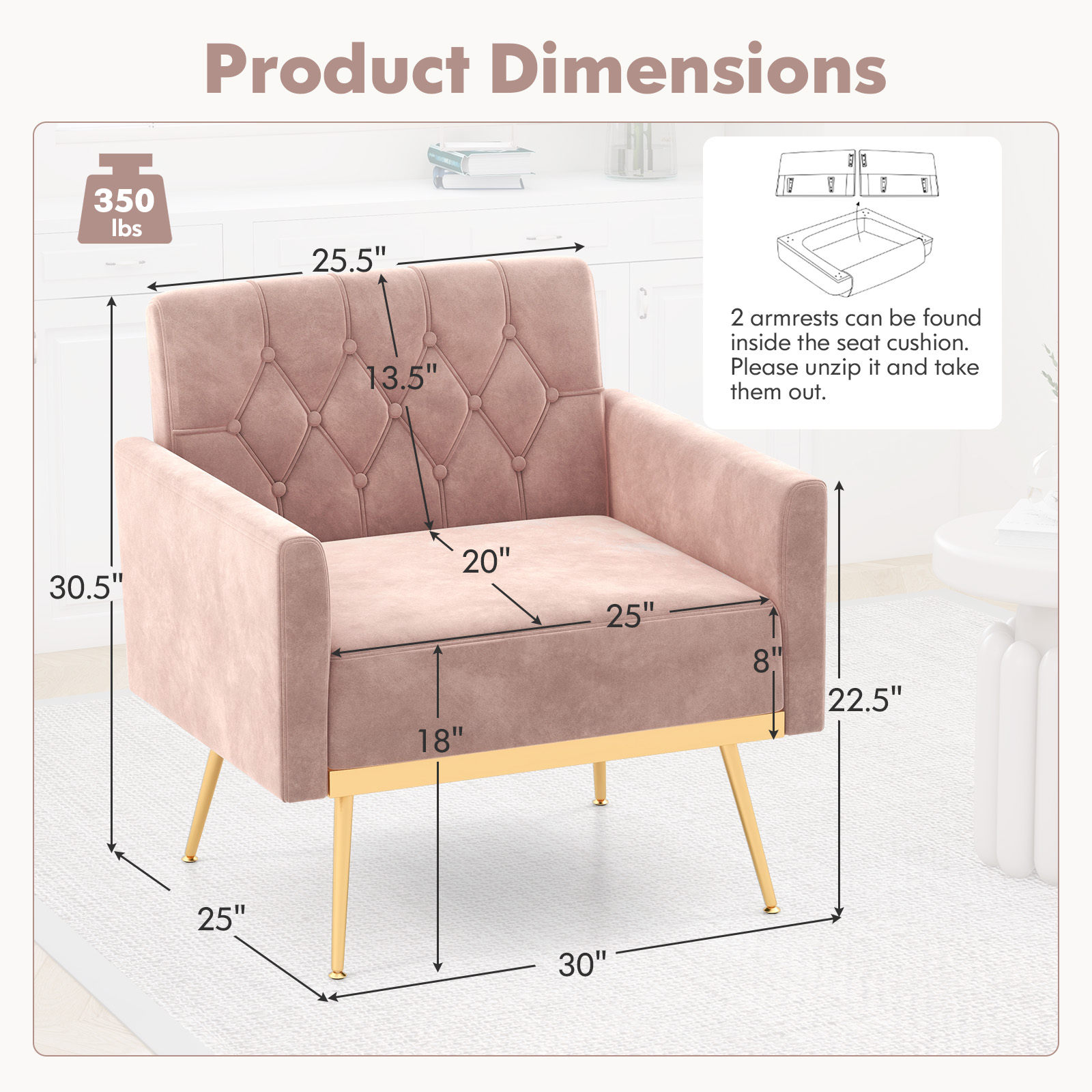 OUTGOO Modern Velvet Accent Chair with Button Tufted Back Golden Metal Legs and Adjustable Foot Pads