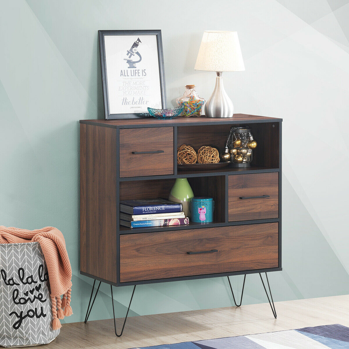 OUTGOO 3-Tier Wood Storage Cabinet with Drawers and 4 Metal Legs for Home, Patio, Outdoor and Everyday Use