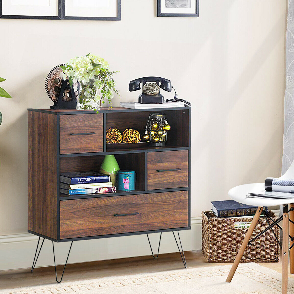 OUTGOO 3-Tier Wood Storage Cabinet with Drawers and 4 Metal Legs for Home, Patio, Outdoor and Everyday Use