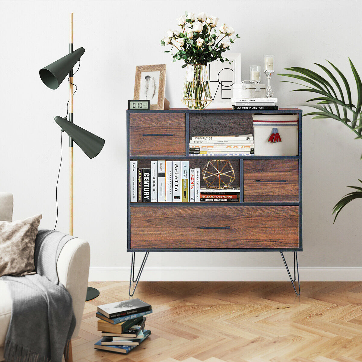 OUTGOO 3-Tier Wood Storage Cabinet with Drawers and 4 Metal Legs for Home, Patio, Outdoor and Everyday Use