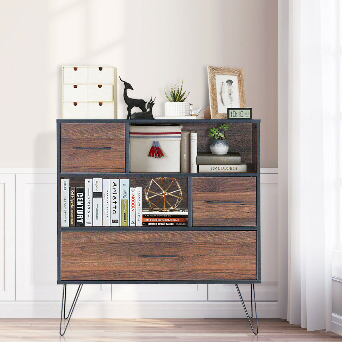 OUTGOO 3-Tier Wood Storage Cabinet with Drawers and 4 Metal Legs for Home, Patio, Outdoor and Everyday Use
