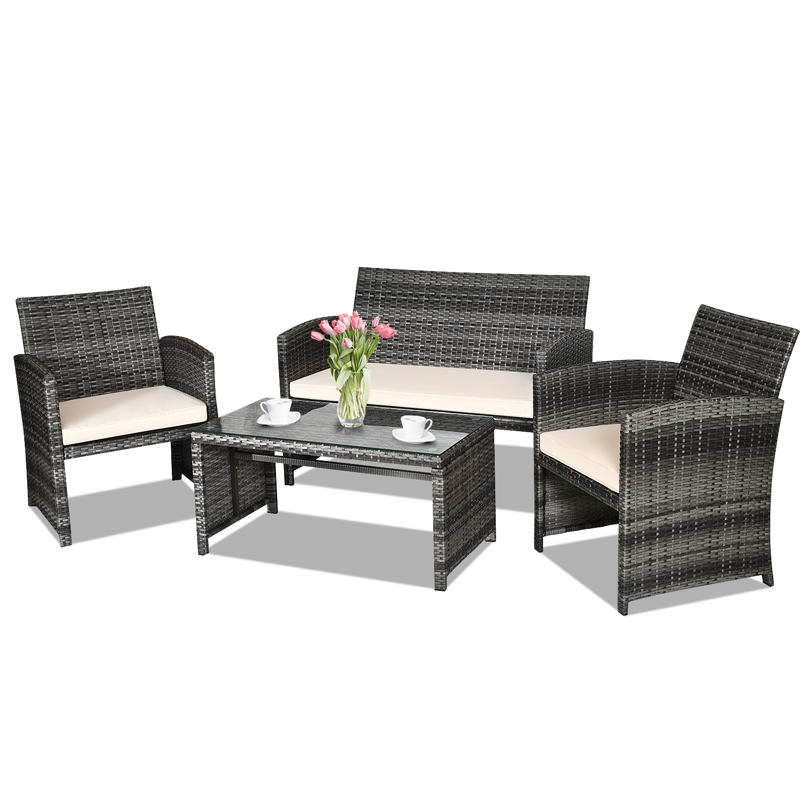 OUTGOO 4 Pieces Patio Rattan Furniture Set with Glass Table and Loveseat for Home, Patio, Outdoor and Everyday Use
