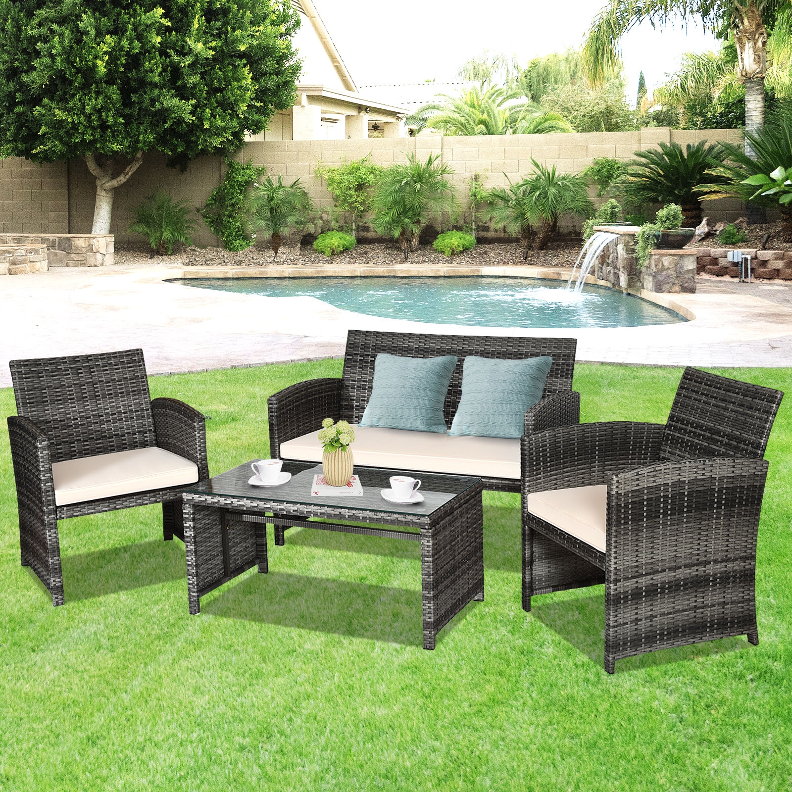 OUTGOO 4 Pieces Patio Rattan Furniture Set with Glass Table and Loveseat for Home, Patio, Outdoor and Everyday Use