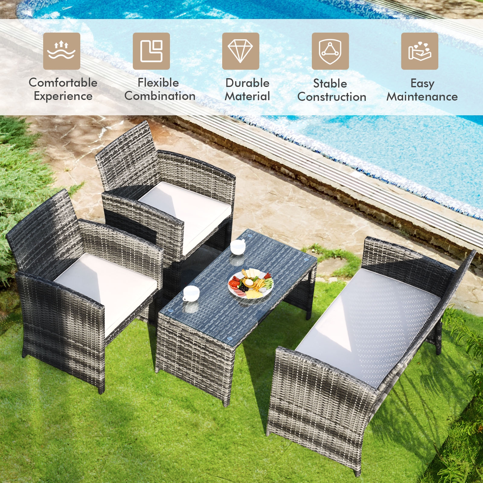 OUTGOO 4 Pieces Patio Rattan Furniture Set with Glass Table and Loveseat for Home, Patio, Outdoor and Everyday Use