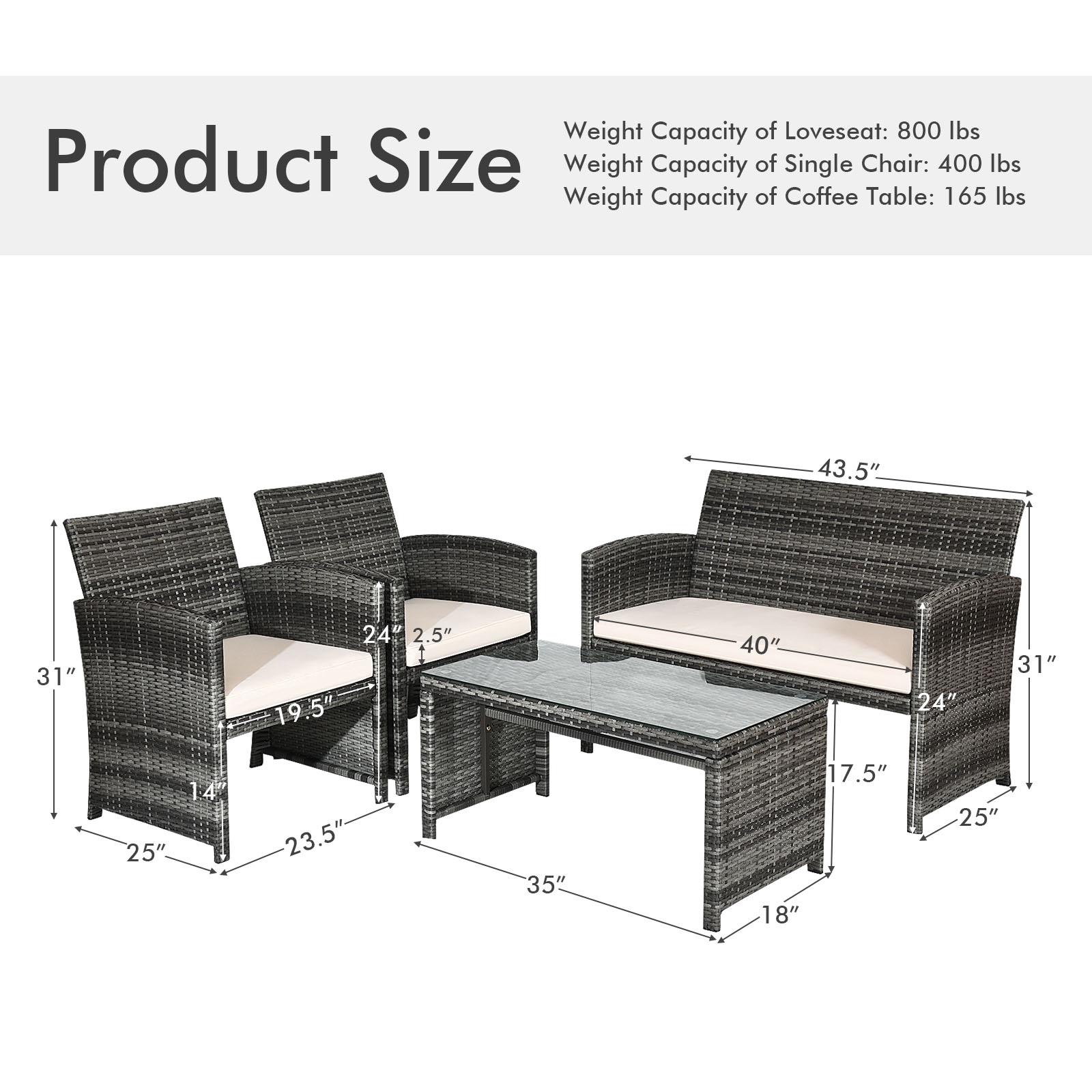 OUTGOO 4 Pieces Patio Rattan Furniture Set with Glass Table and Loveseat for Home, Patio, Outdoor and Everyday Use
