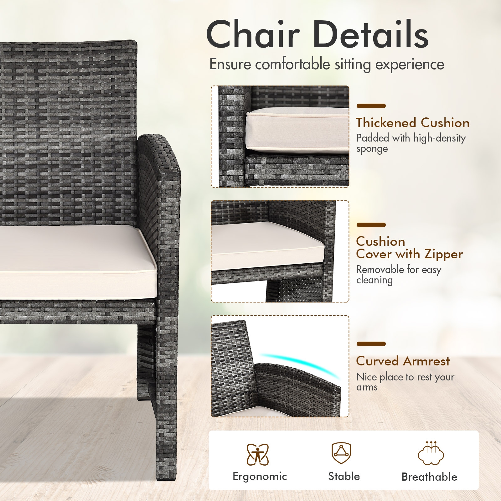 OUTGOO 4 Pieces Patio Rattan Furniture Set with Glass Table and Loveseat for Home, Patio, Outdoor and Everyday Use