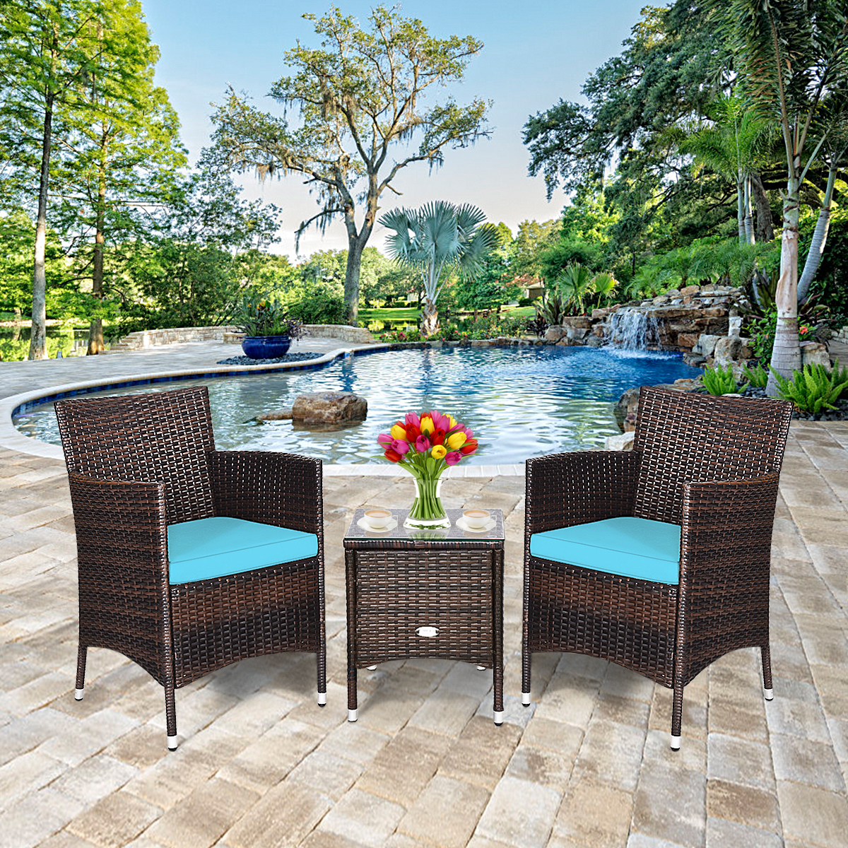 OUTGOO 3 Pieces Ergonomic Wicker Patio Conversation Set for Home, Patio, Outdoor and Everyday Use