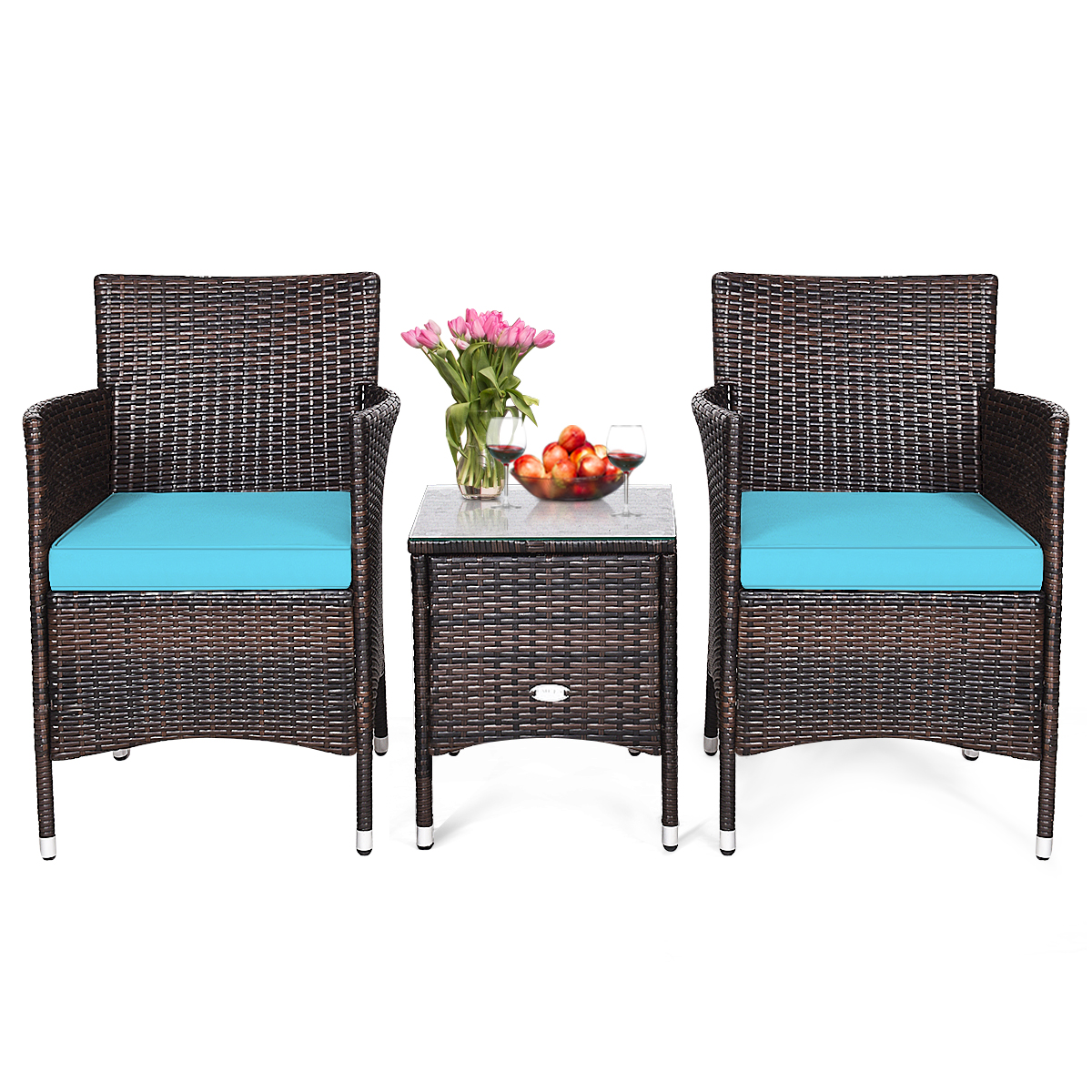 OUTGOO 3 Pieces Ergonomic Wicker Patio Conversation Set for Home, Patio, Outdoor and Everyday Use