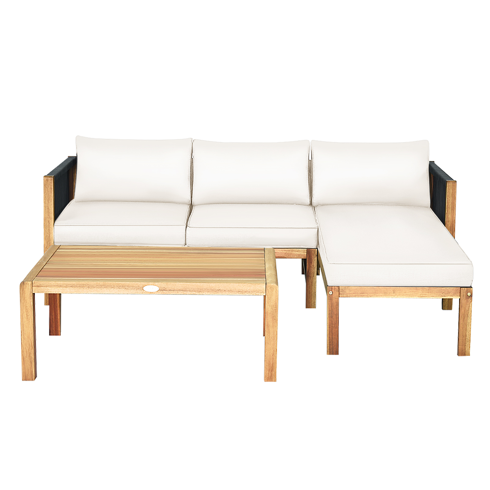 OUTGOO 3 Pieces Patio Acacia Wood Sofa Furniture Set with Nylon Rope Armrest