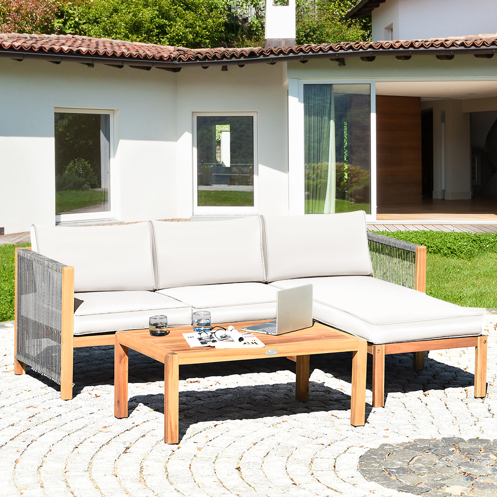 OUTGOO 3 Pieces Patio Acacia Wood Sofa Furniture Set with Nylon Rope Armrest