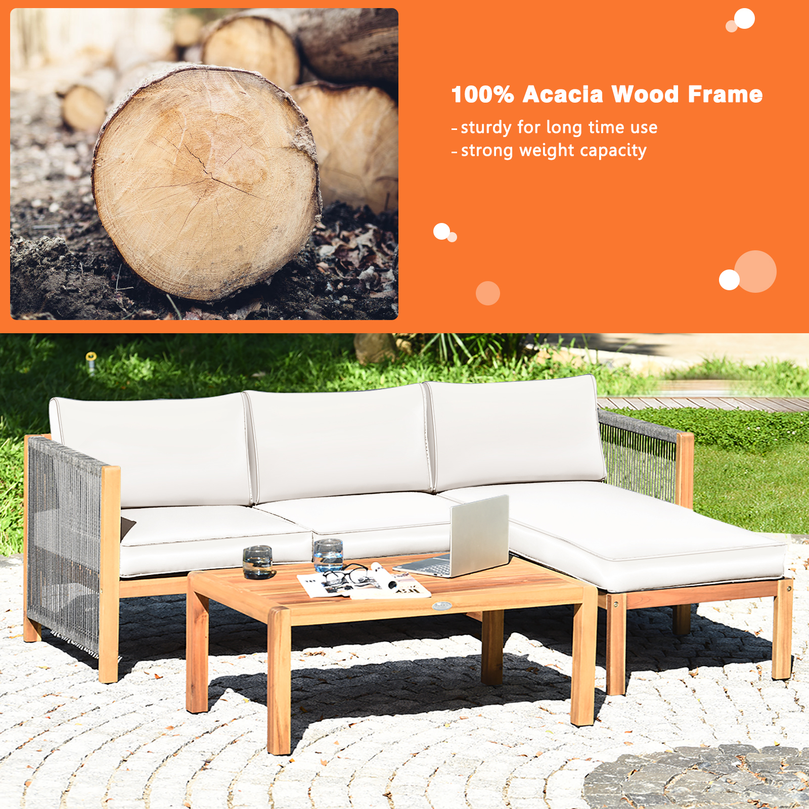 OUTGOO 3 Pieces Patio Acacia Wood Sofa Furniture Set with Nylon Rope Armrest