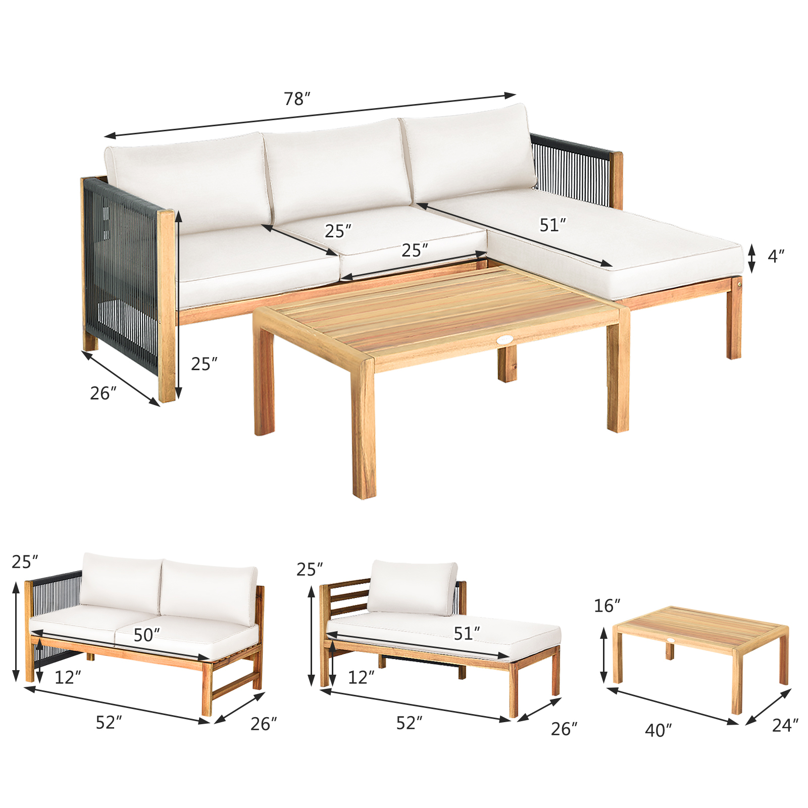 OUTGOO 3 Pieces Patio Acacia Wood Sofa Furniture Set with Nylon Rope Armrest